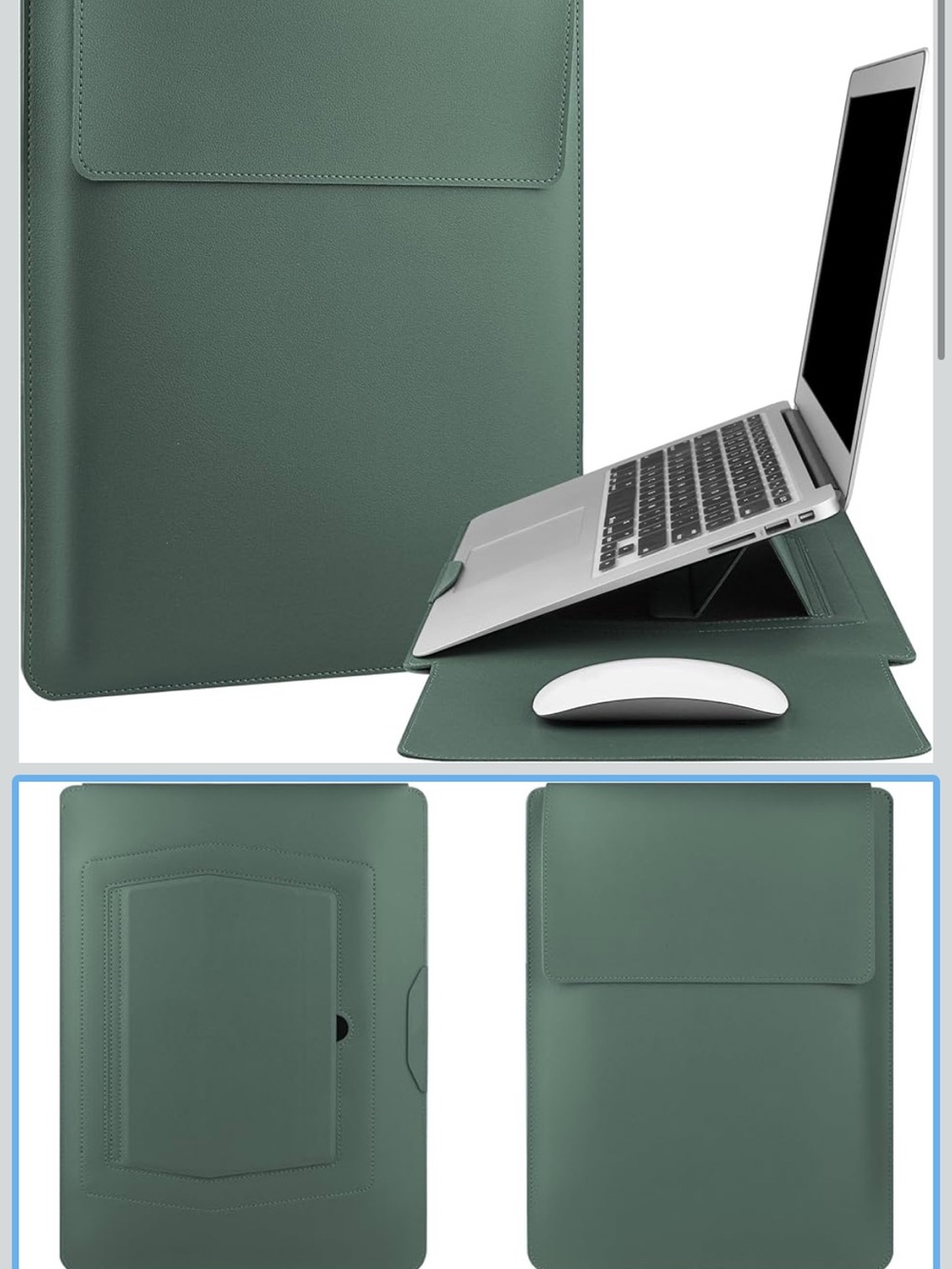 Green PU Leather Tablet & Laptop Sleeve with Fold-Out Stand